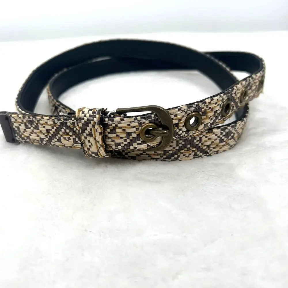 Unbranded Narrow Straw Belt Brown/Cream 14  Beachy Natural Boho